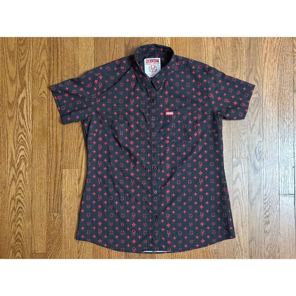 DIXXON THE BOUGIE Black Red All Over Logo Short‎ Sleeve Button Up Shirt Womens M
